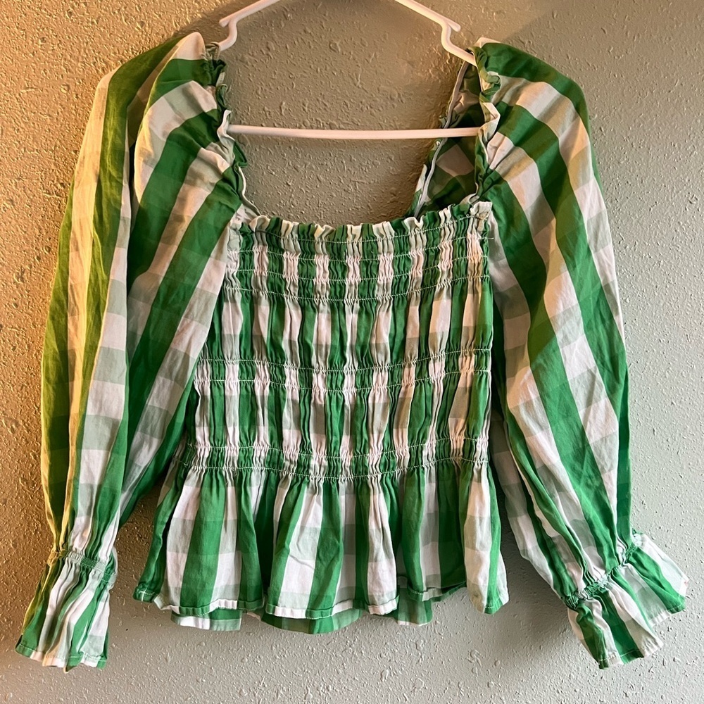 Who What Wear Green and White Puff Sleeve Blouse